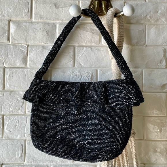 Vintage 1940s Ornately Hand-Beaded Black Sparkly Top Handle Evening Bag - Picture 11 of 13